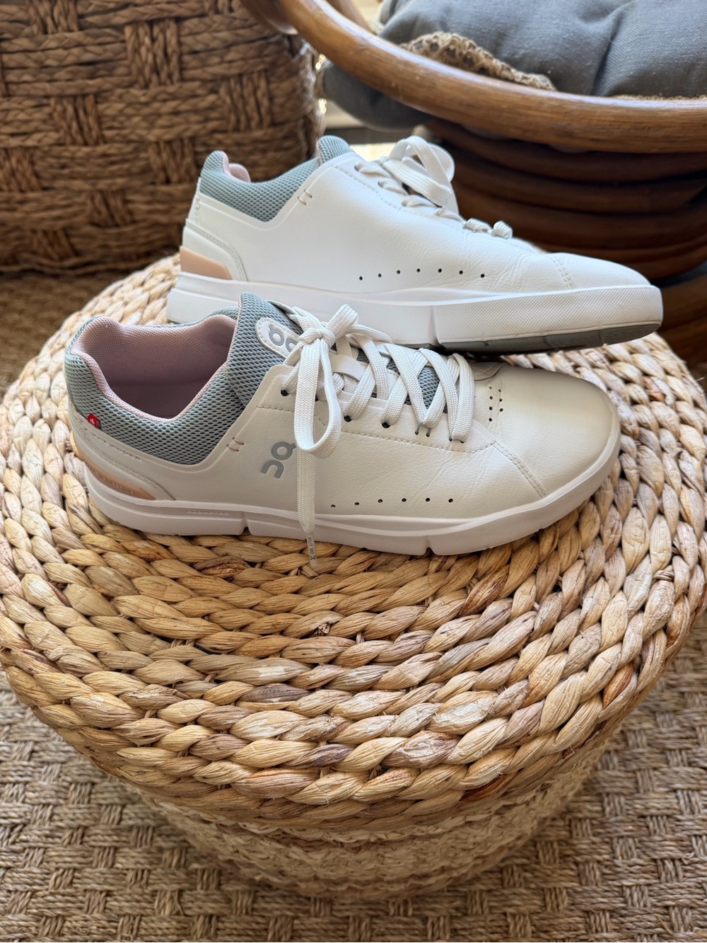 On Cloud Womens The Roger White Sneakers with Soft Pink Accents